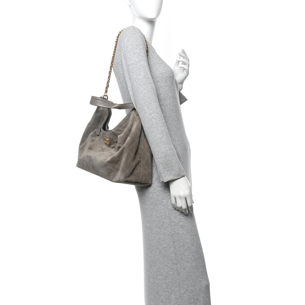 Chanel Suede Calfskin Lambskin Quilted Maxi Hobo Grey
