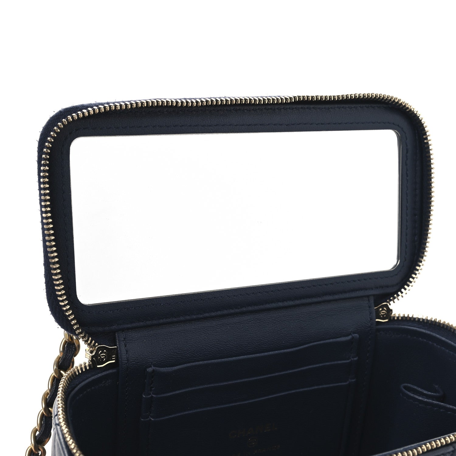 Chanel Lambskin Quilted Metal Small Top Handle Vanity Case With Chain Blue