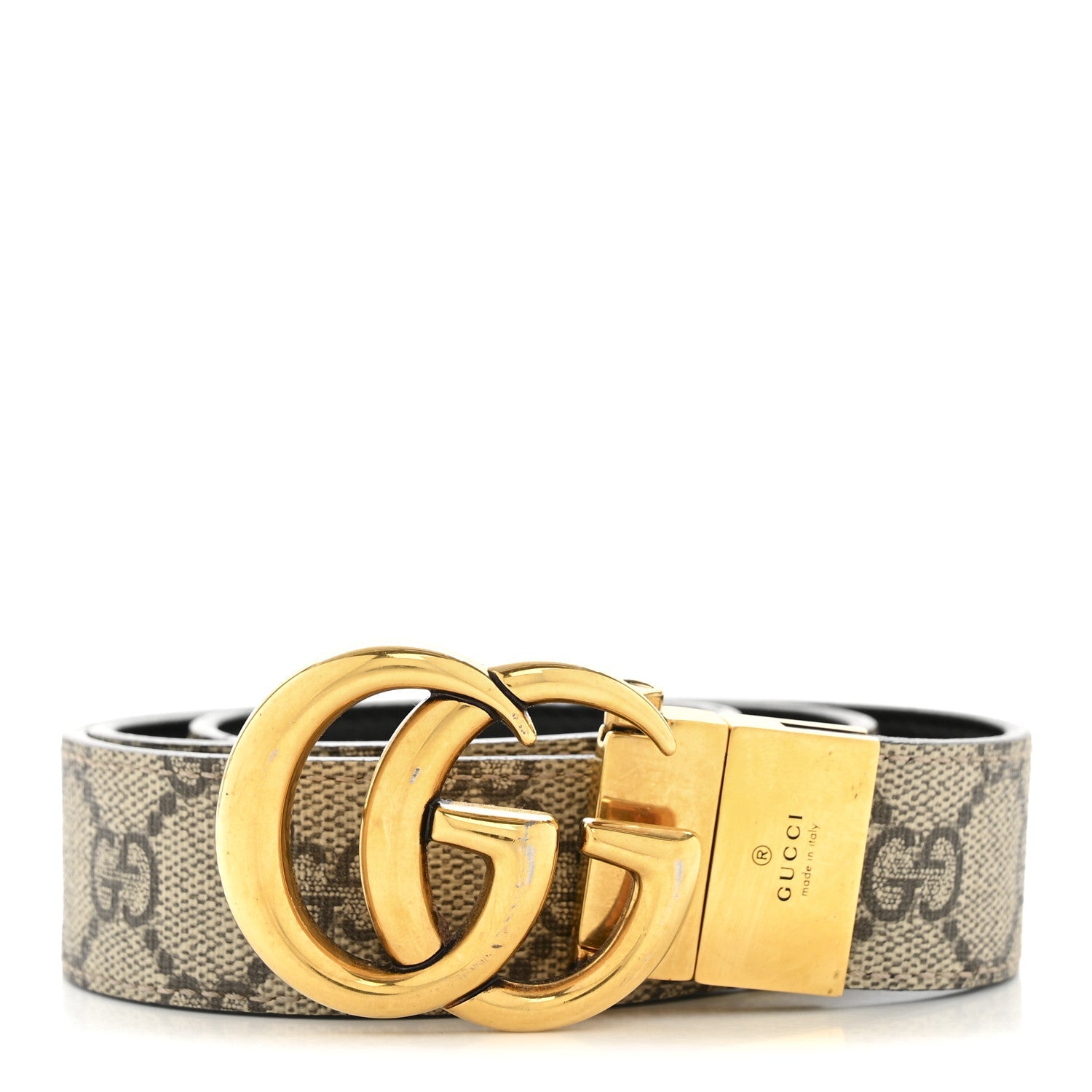 Gucci GG Supreme Monogram Plutone Calfskin Double G Reversible 75 30 Belt Beige Ebony New Acero