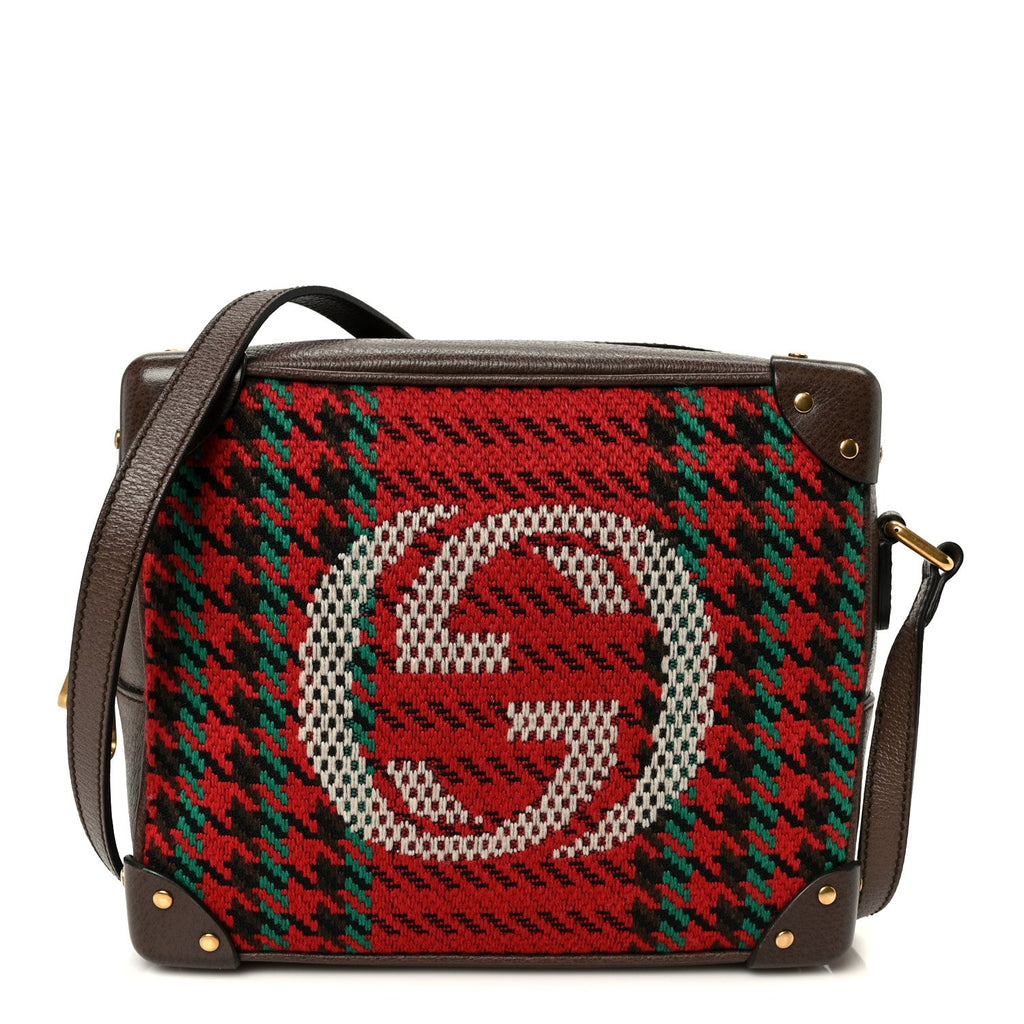 Gucci Cotton Wool Textured Calfskin Houndstooth Woven Square Messenger Bag Red Green Ivory Multicolor New Acero