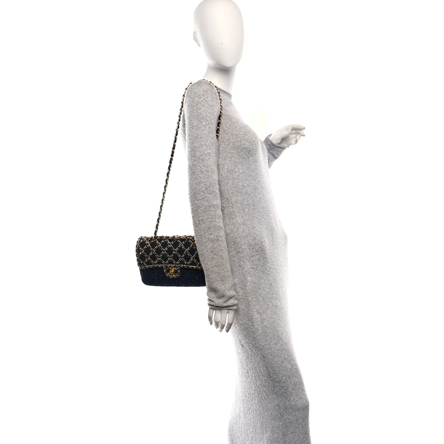 Chanel Tweed Sequin Timeless Classic Chained Double Flap Navy Blue