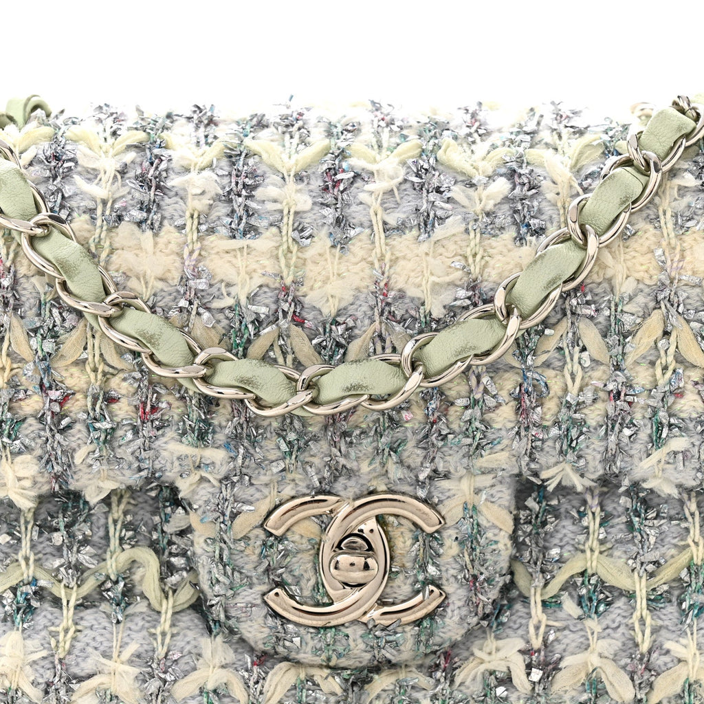 Chanel Tweed Quilted Mini Rectangular Flap Light Green Silver White