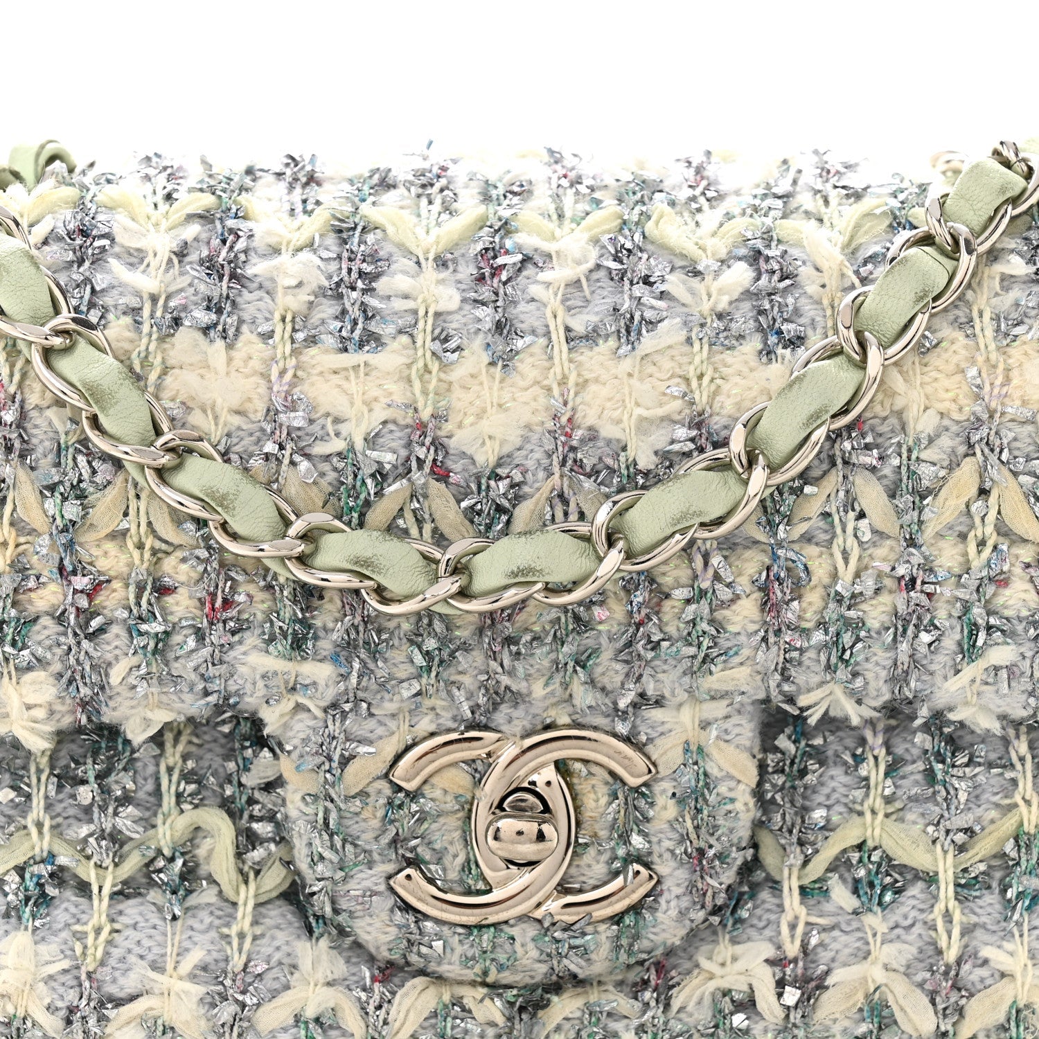 Chanel Tweed Quilted Mini Rectangular Flap Light Green Silver White