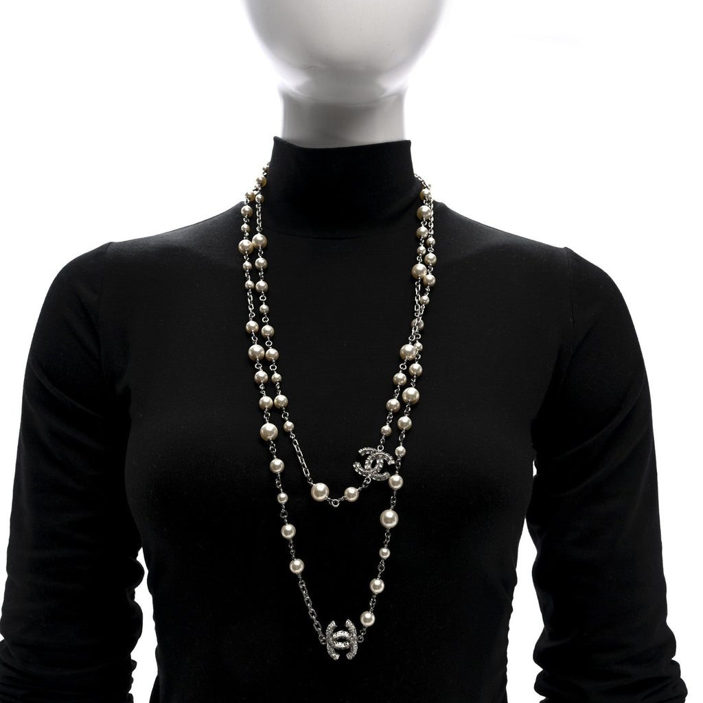 Pearl Baguette Crystal CC Long Necklace Silver