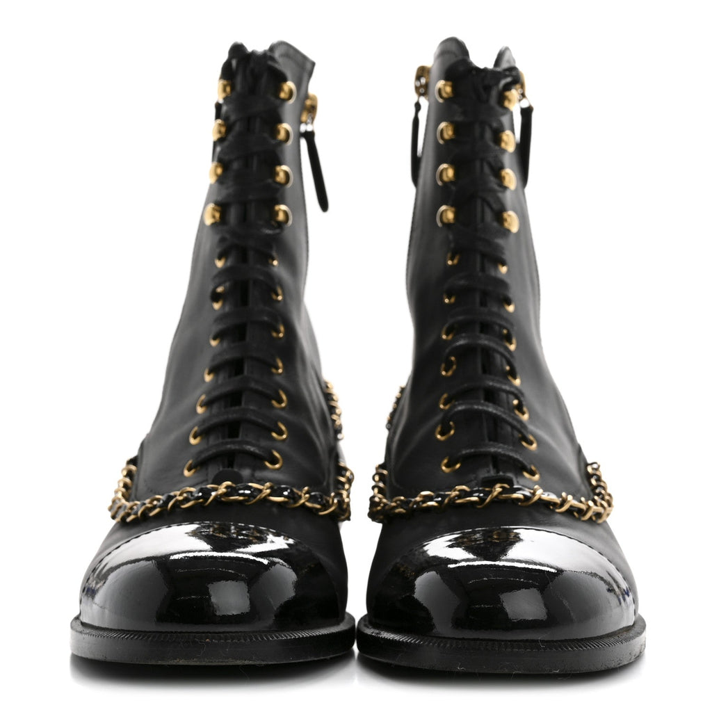Calfskin Chain Lace Up Boots 36.5 Black