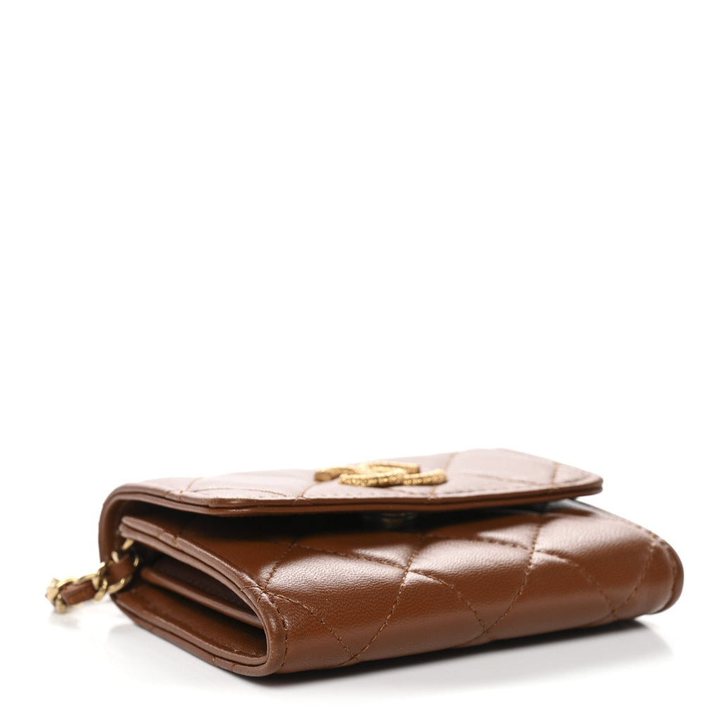 Chanel Lambskin Quilted Studded CC Clutch With Chain Brown