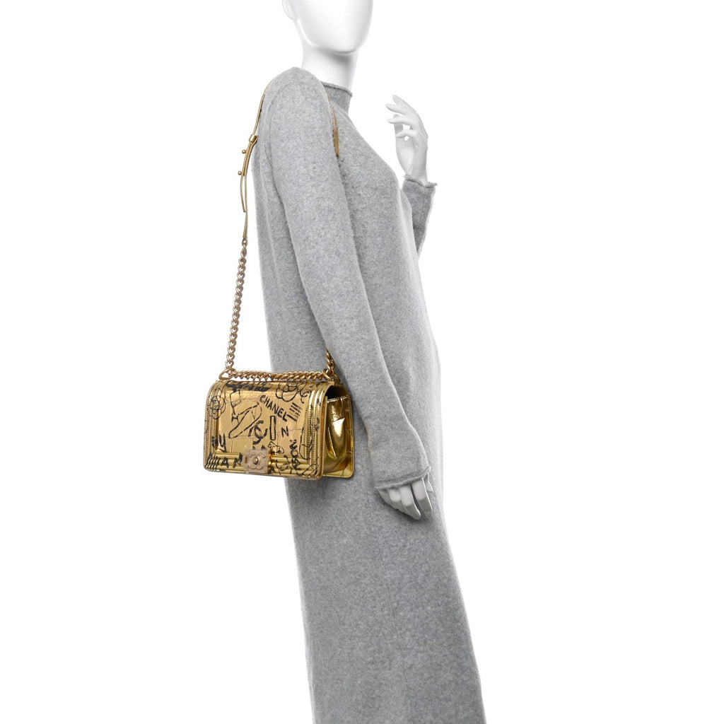 Chanel Metallic Calfskin Crocodile Embossed Graffiti Medium Cocodile Boy Flap Gold
