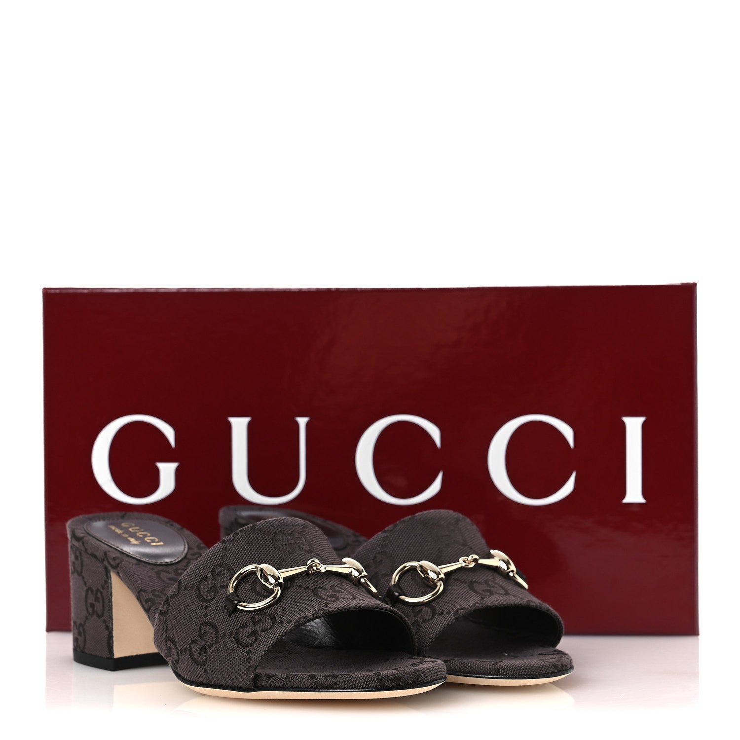 Gucci GG Monogram Horsebit Slide Sandals 36 Dark Brown