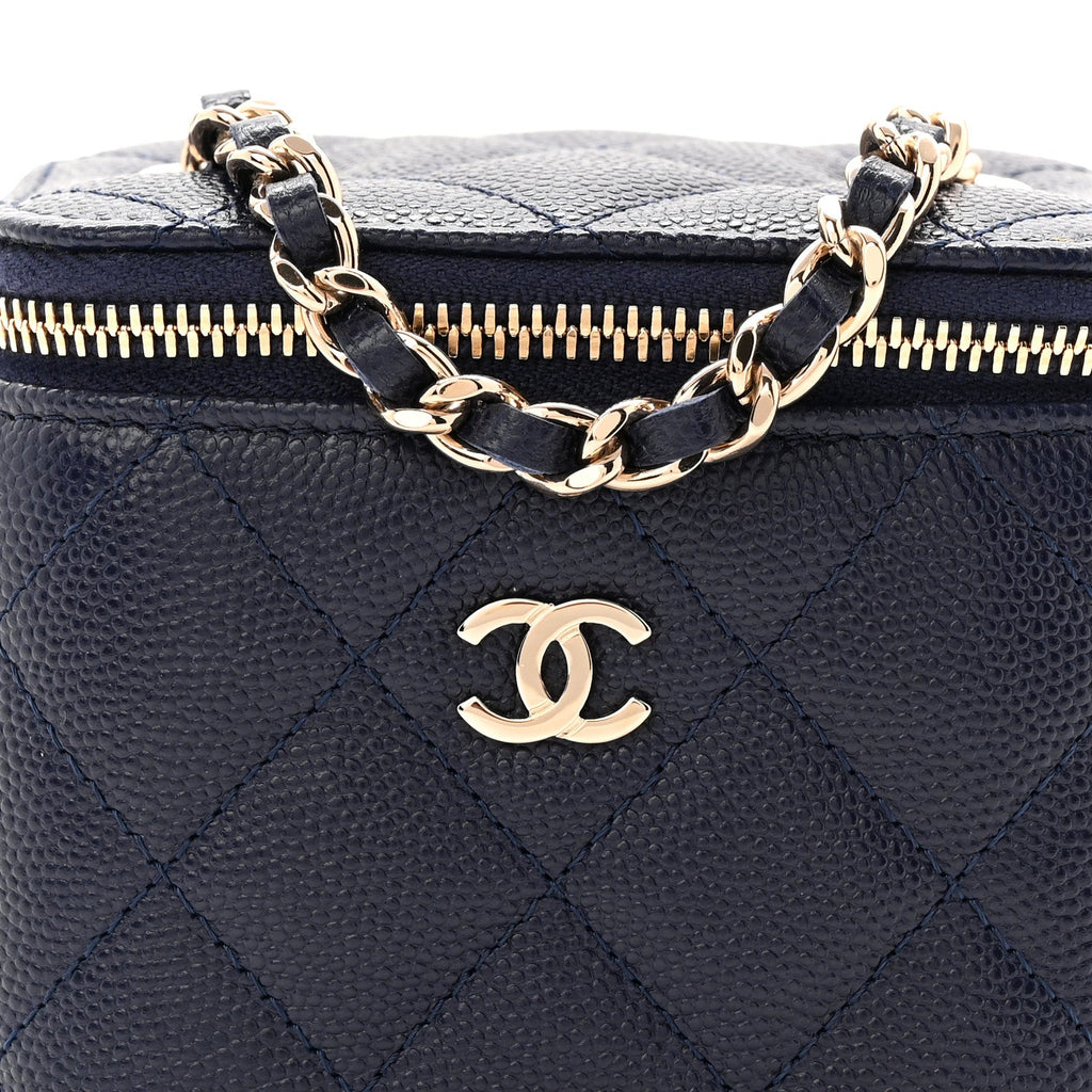 Chanel Caviar Quilted Mini Vanity Case With Chain Navy Blue