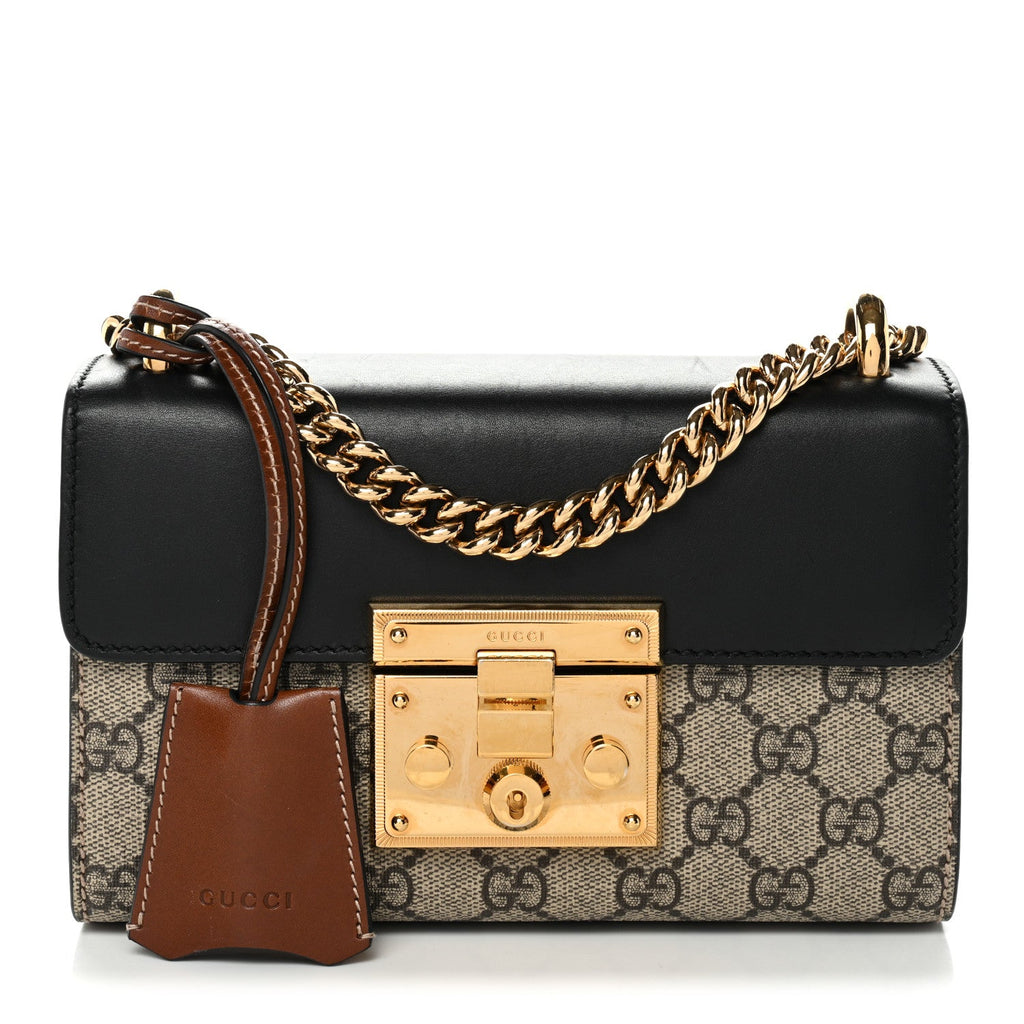 Gucci GG Supreme Monogram Calfskin Small Padlock Shoulder Bag Beige Black Cuir