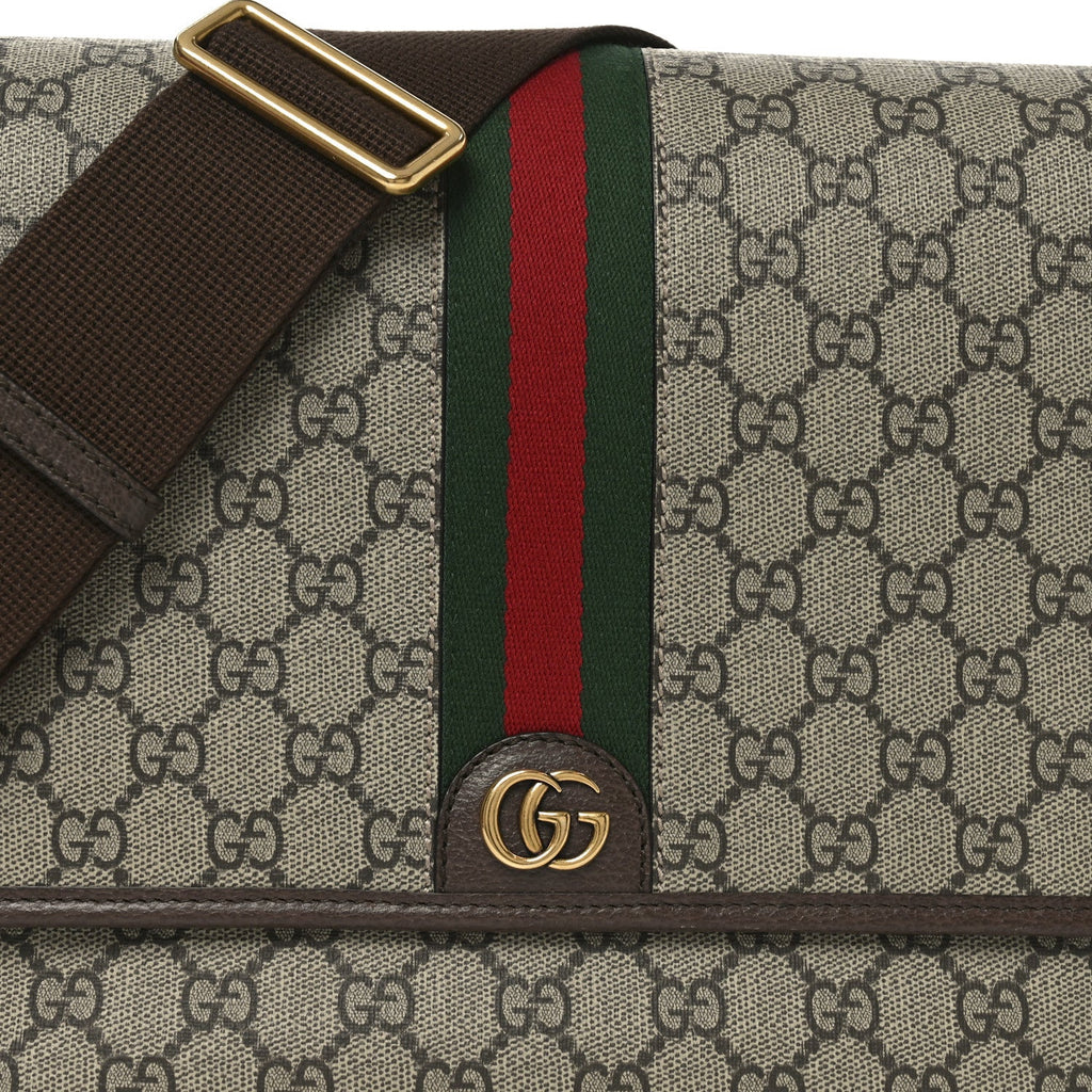 Gucci Tender GG Supreme Monogram Textured Dollar Calfskin Ophidia Messenger Bag Beige Ebony Dark Brown