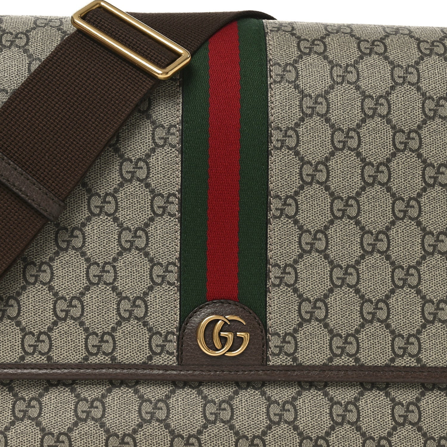Gucci Tender GG Supreme Monogram Textured Dollar Calfskin Ophidia Messenger Bag Beige Ebony Dark Brown