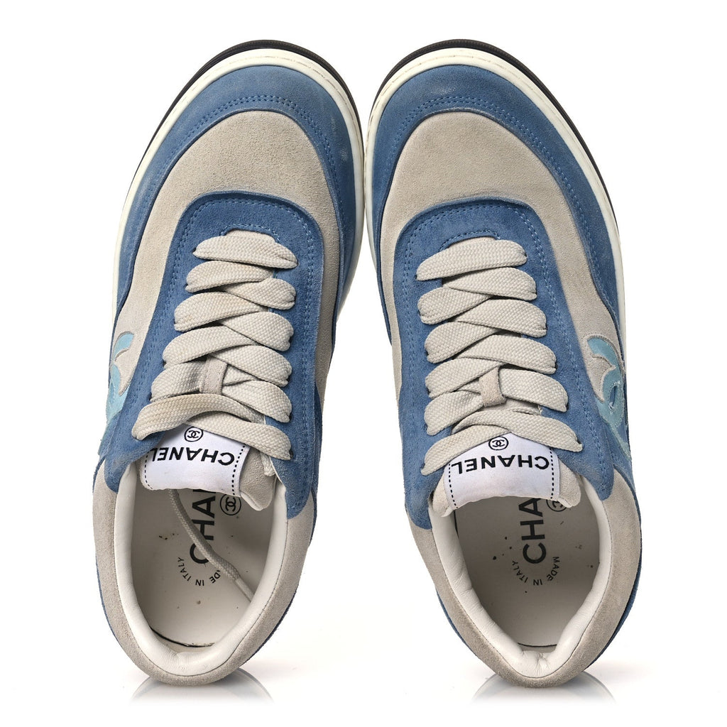 Chanel Suede Kidskin Womens CC Sneakers 37 White Blue