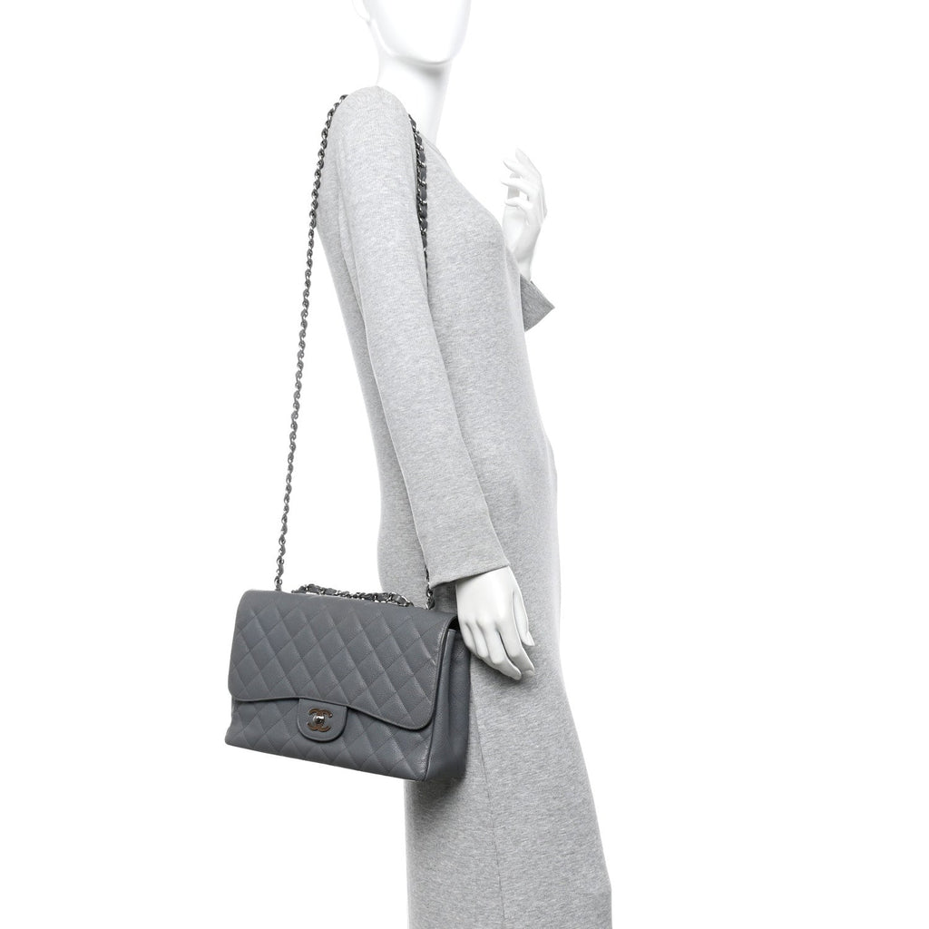 Chanel Caviar Quilted Jumbo Single Flap Grey