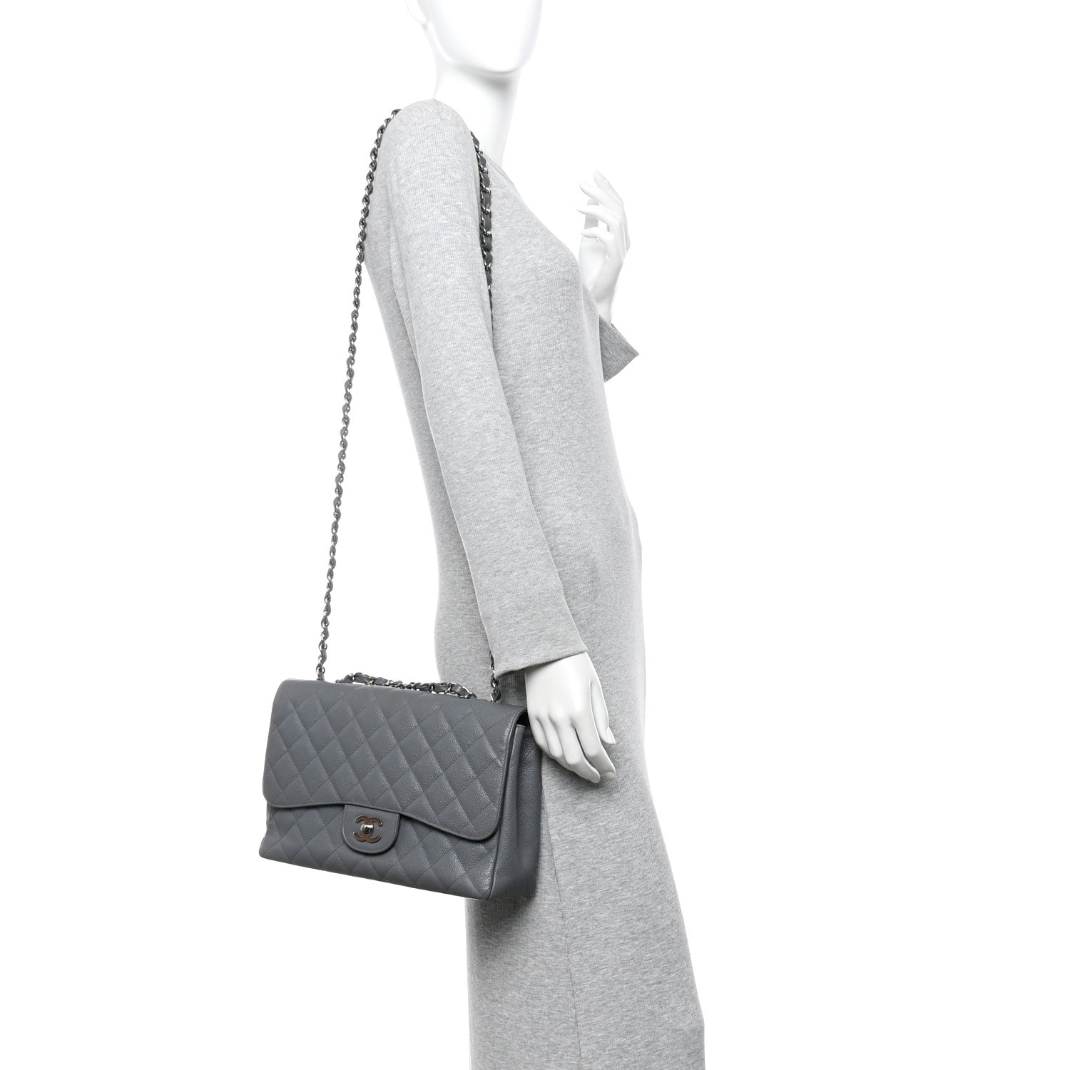 Chanel Caviar Quilted Jumbo Single Flap Grey
