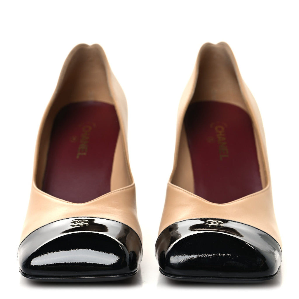 Lambskin Patent Calfskin Cap Toe Pumps 37 Beige Black