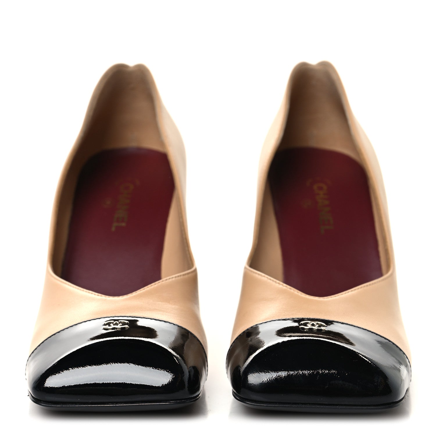 Lambskin Patent Calfskin Cap Toe Pumps 37 Beige Black