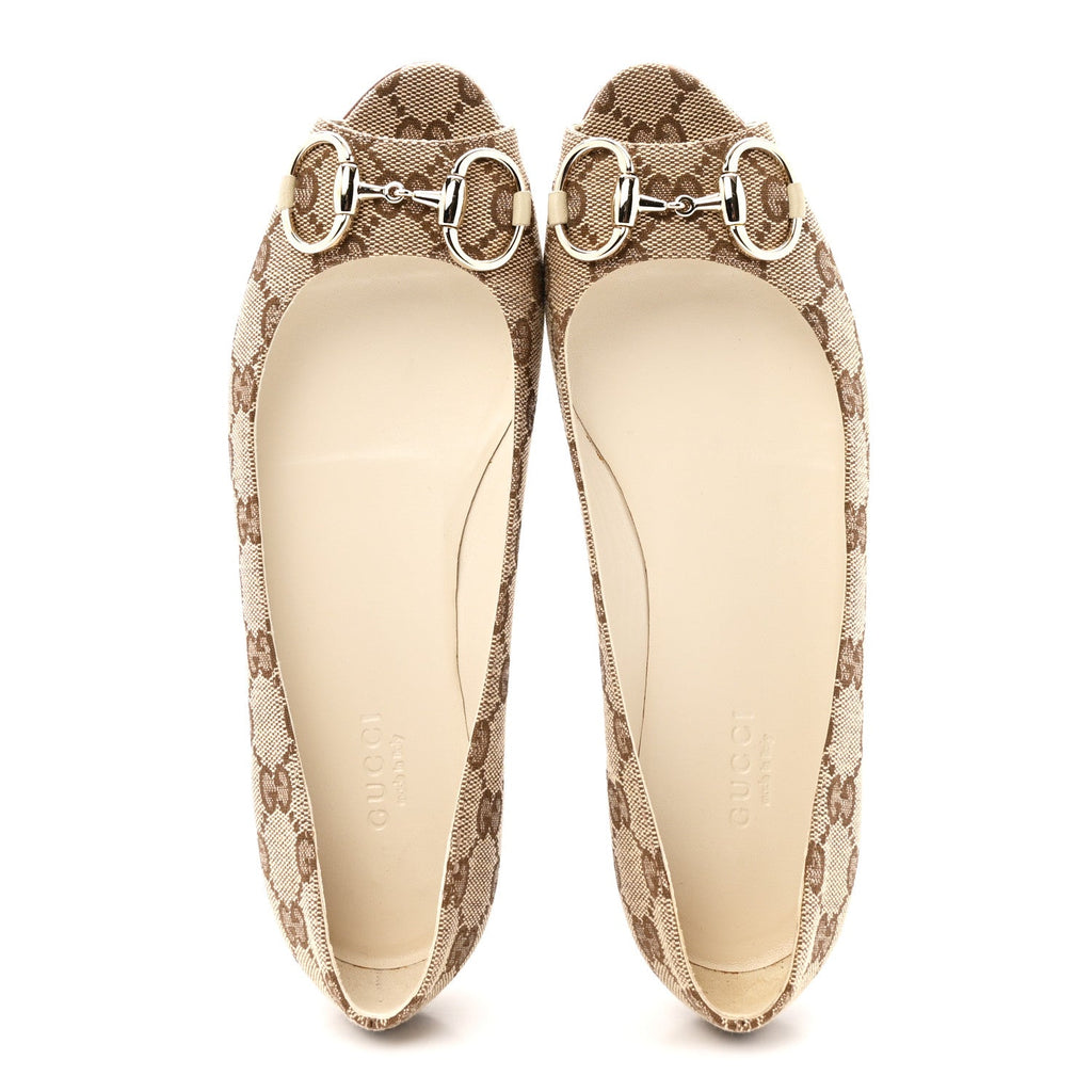 Gucci Monogram Miro Soft Calfskin Womens Horsebit Peep Toe Flats 6 Beige Ebony Mystic White
