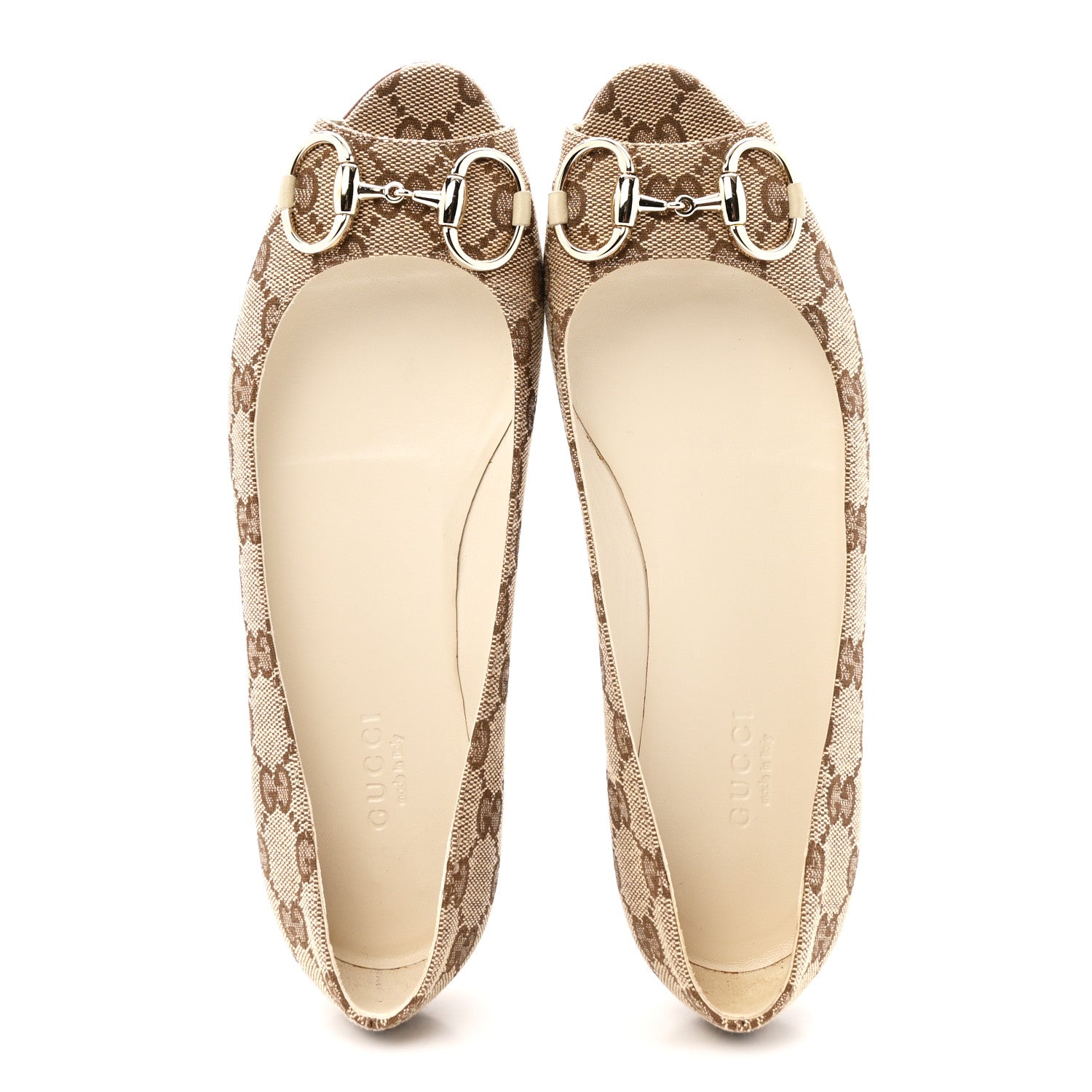 Gucci Monogram Miro Soft Calfskin Womens Horsebit Peep Toe Flats 6 Beige Ebony Mystic White