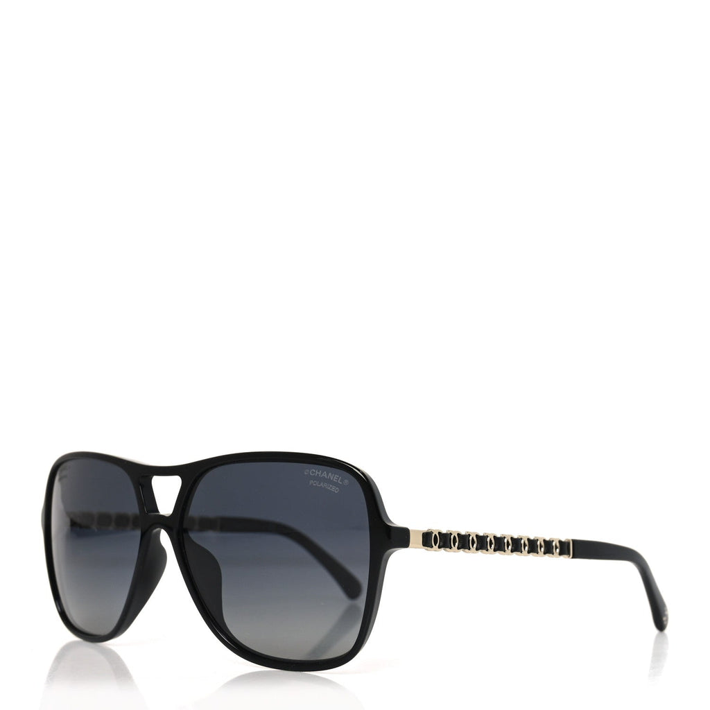 Metal Calfskin Polarized CC Chain Pilot Sunglasses 5439-Q-A Black