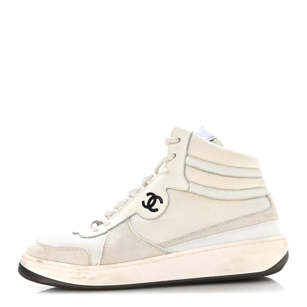 Chanel Suede Fabric Grained Calfskin Womens CC High Top Sneakers 38 White