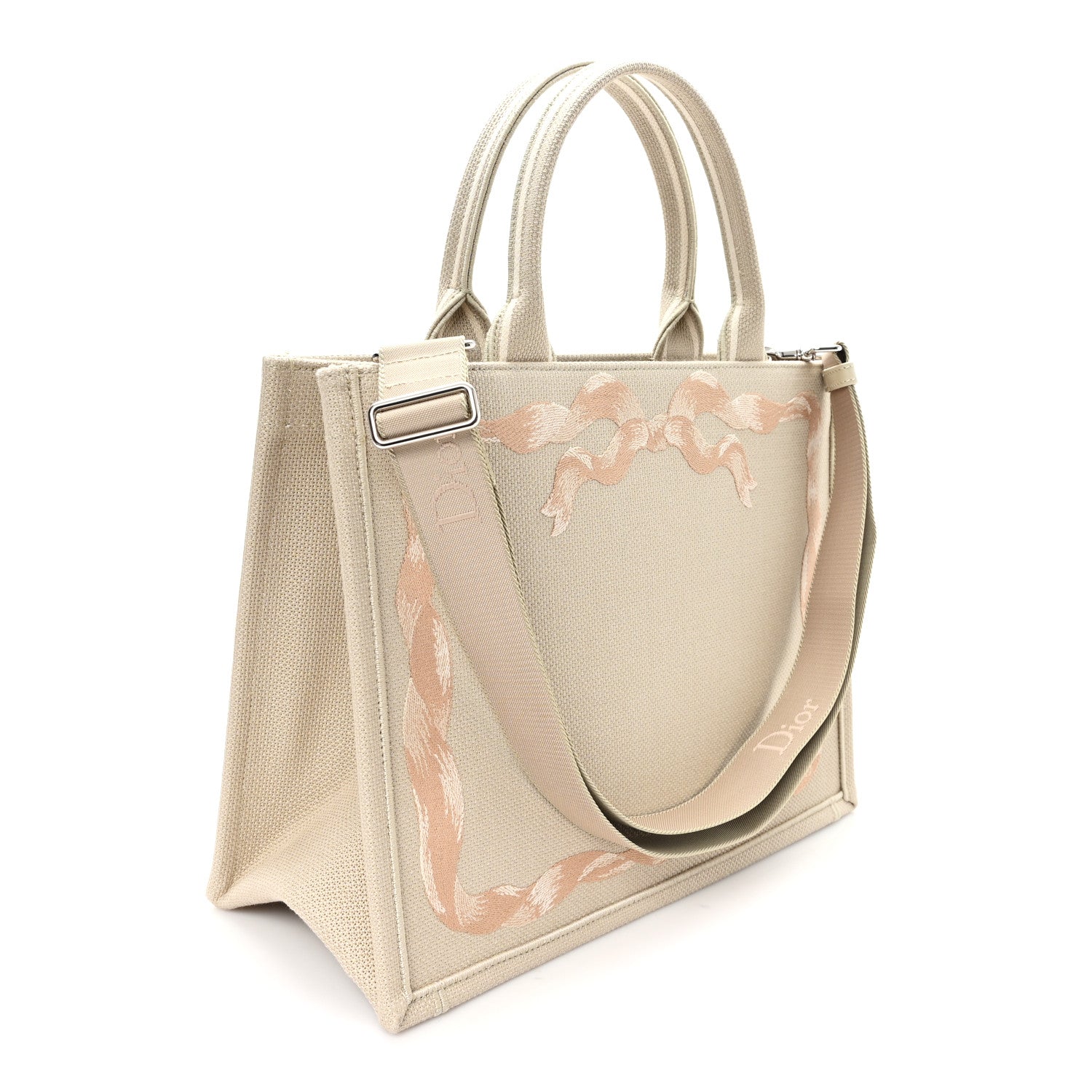 Christian Dior Canvas Embroidered Medium Book Tote With Strap Beige Pink Black