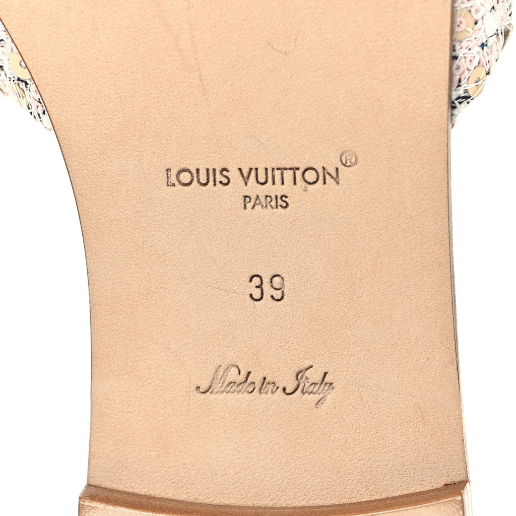 Louis Vuitton Tweed Sequin LV Mare Flat Mule Sandals 39 Light Gold