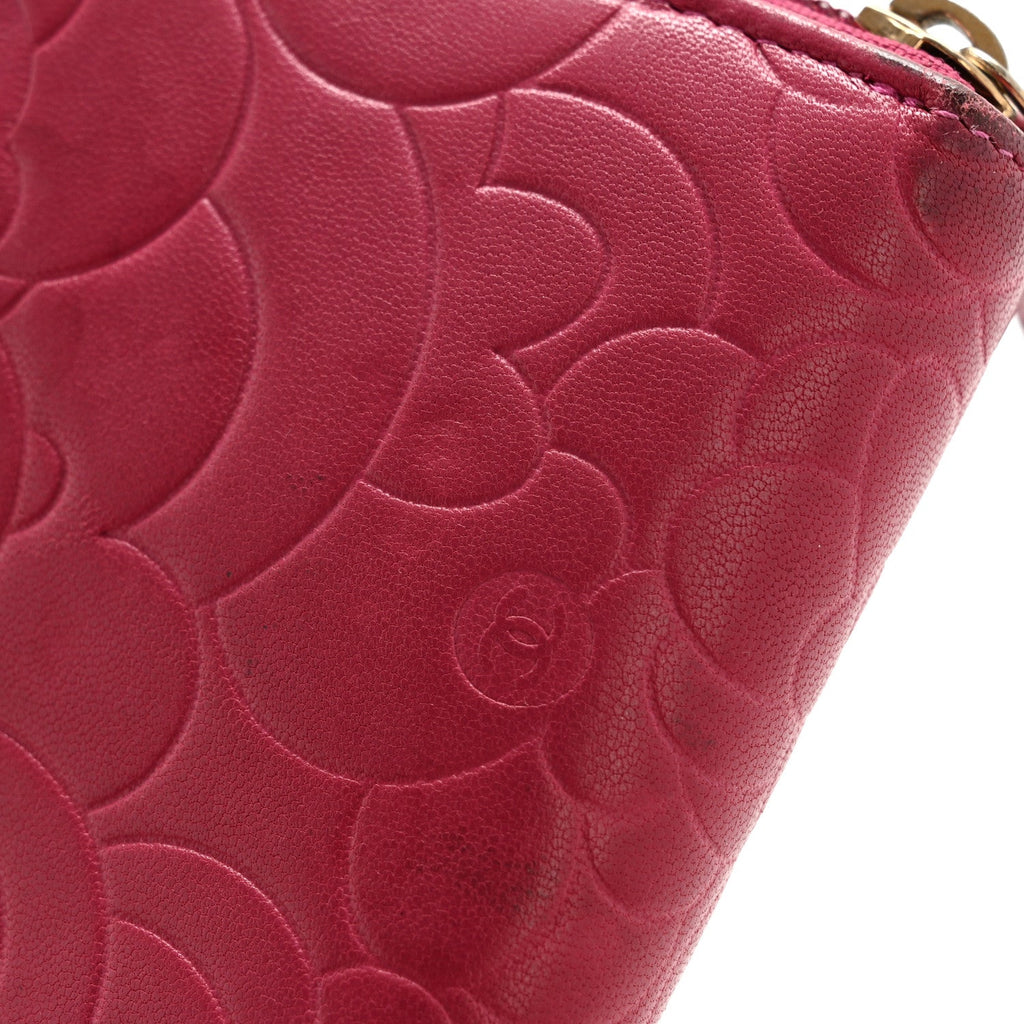 Chanel Lambskin Camellia Embossed Large Gusset Zip Around Wallet Fuchsia