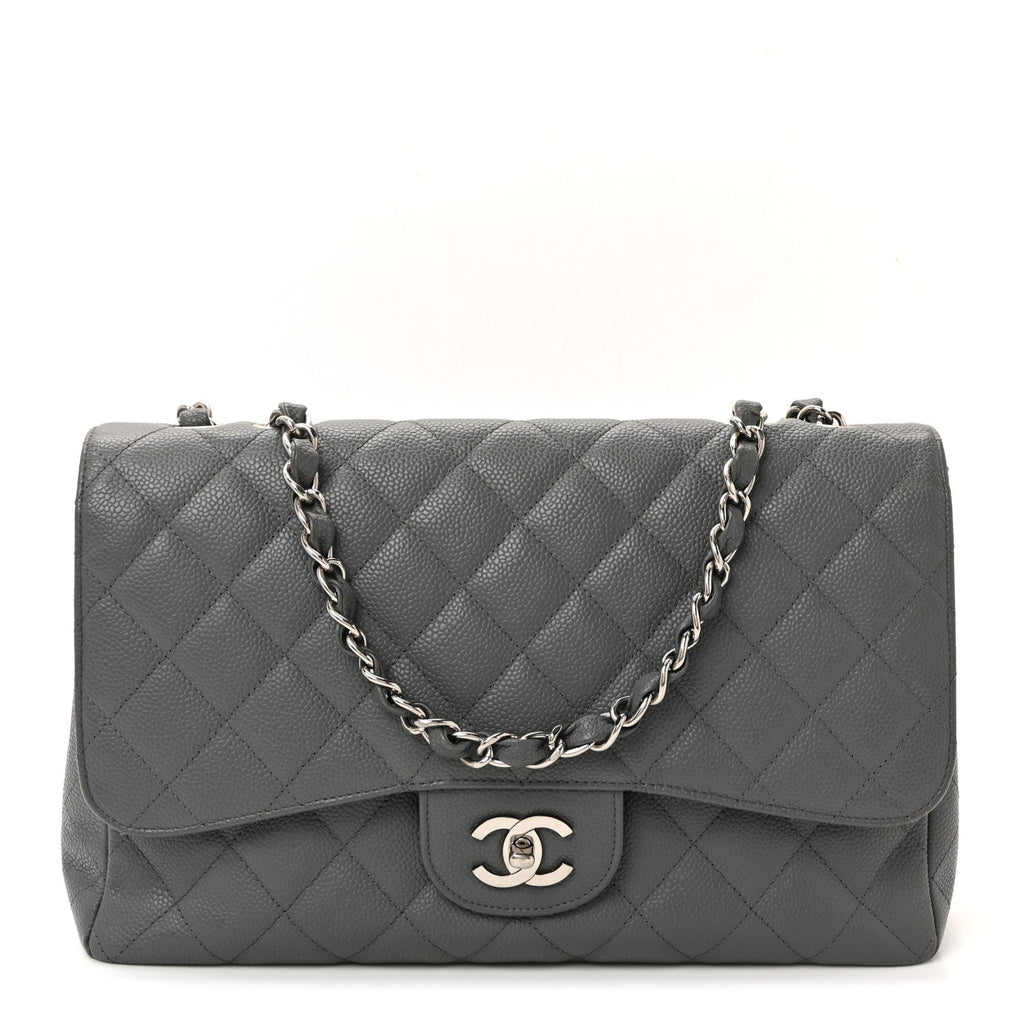 Chanel Caviar Quilted Jumbo Single Flap Grey