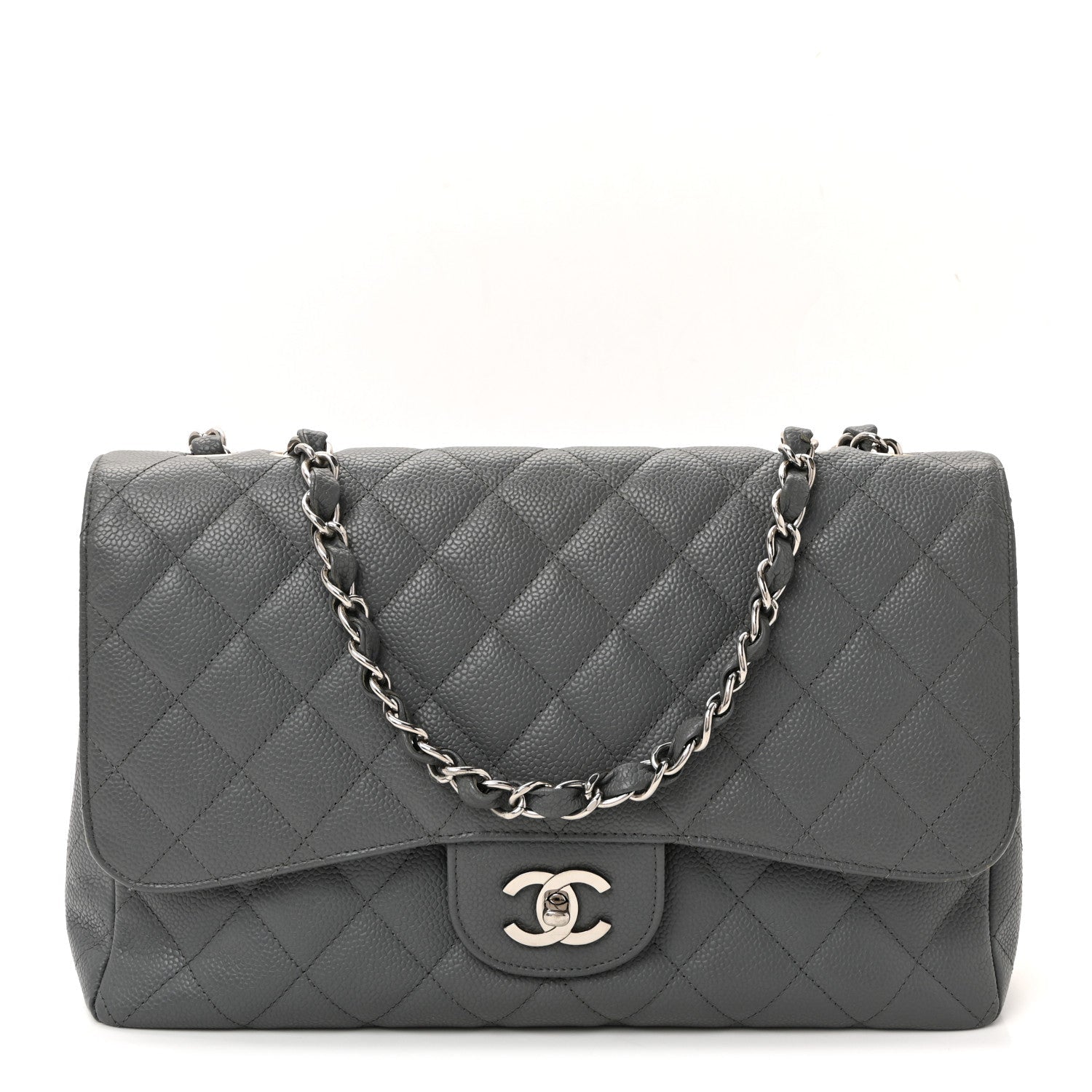 Chanel Caviar Quilted Jumbo Single Flap Grey