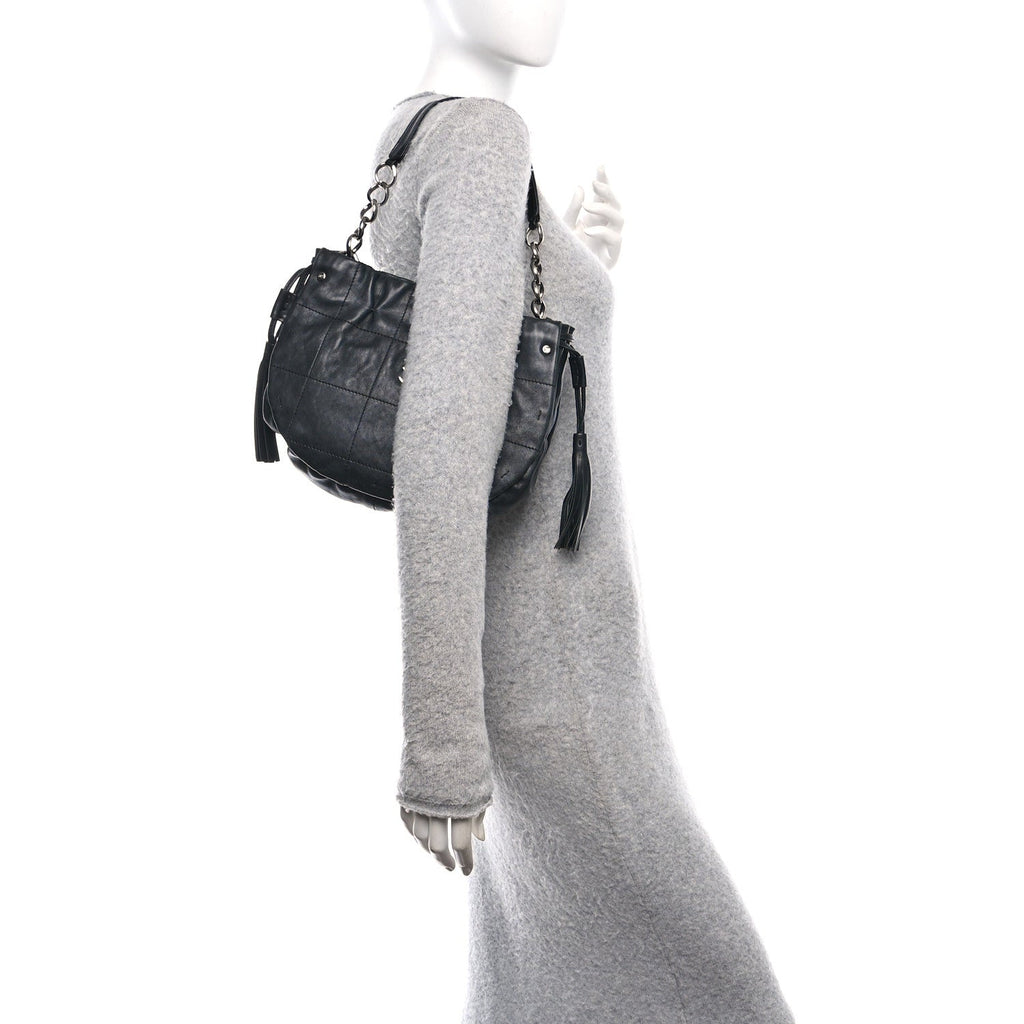 Chanel Lambskin Stitched Chocolate Bar Chain Fringe Hobo Black