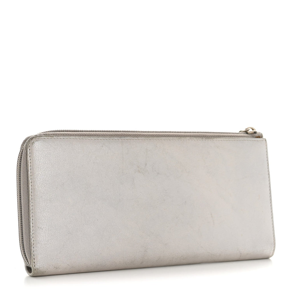 Metallic Goatskin Camellia Embossed Zip Around Wallet Silver