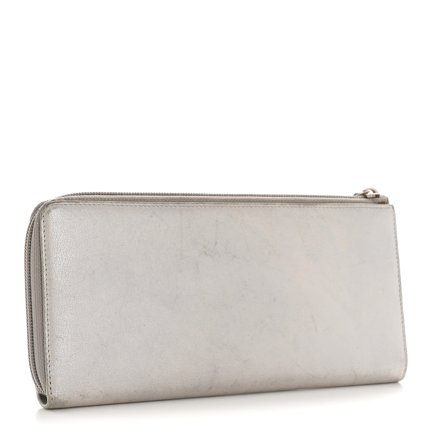 Metallic Goatskin Camellia Embossed Zip Around Wallet Silver
