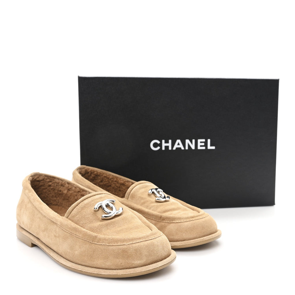 Chanel Suede Calfskin CC Loafers 37.5 Dark Beige