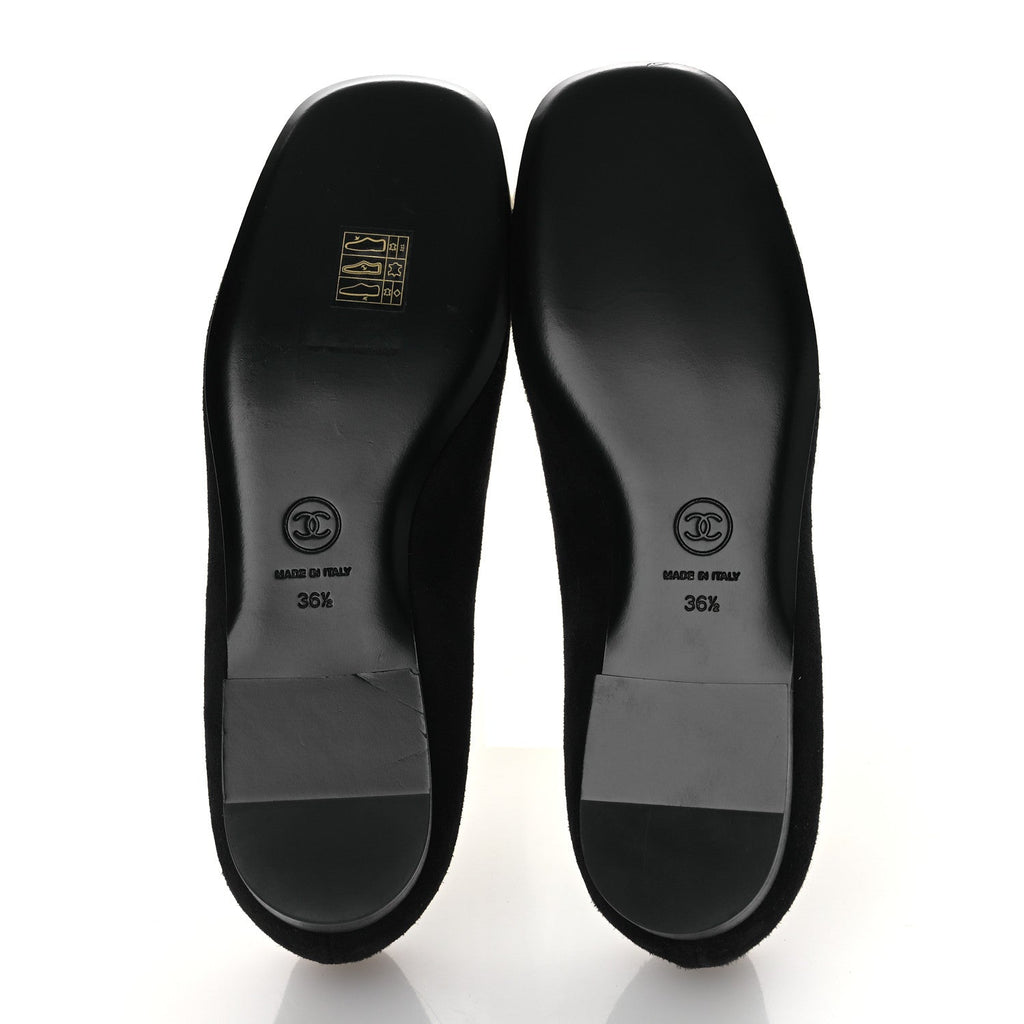 Chanel Suede Patent Cap Toe Camellia Ballerina Flats 36.5 Black White