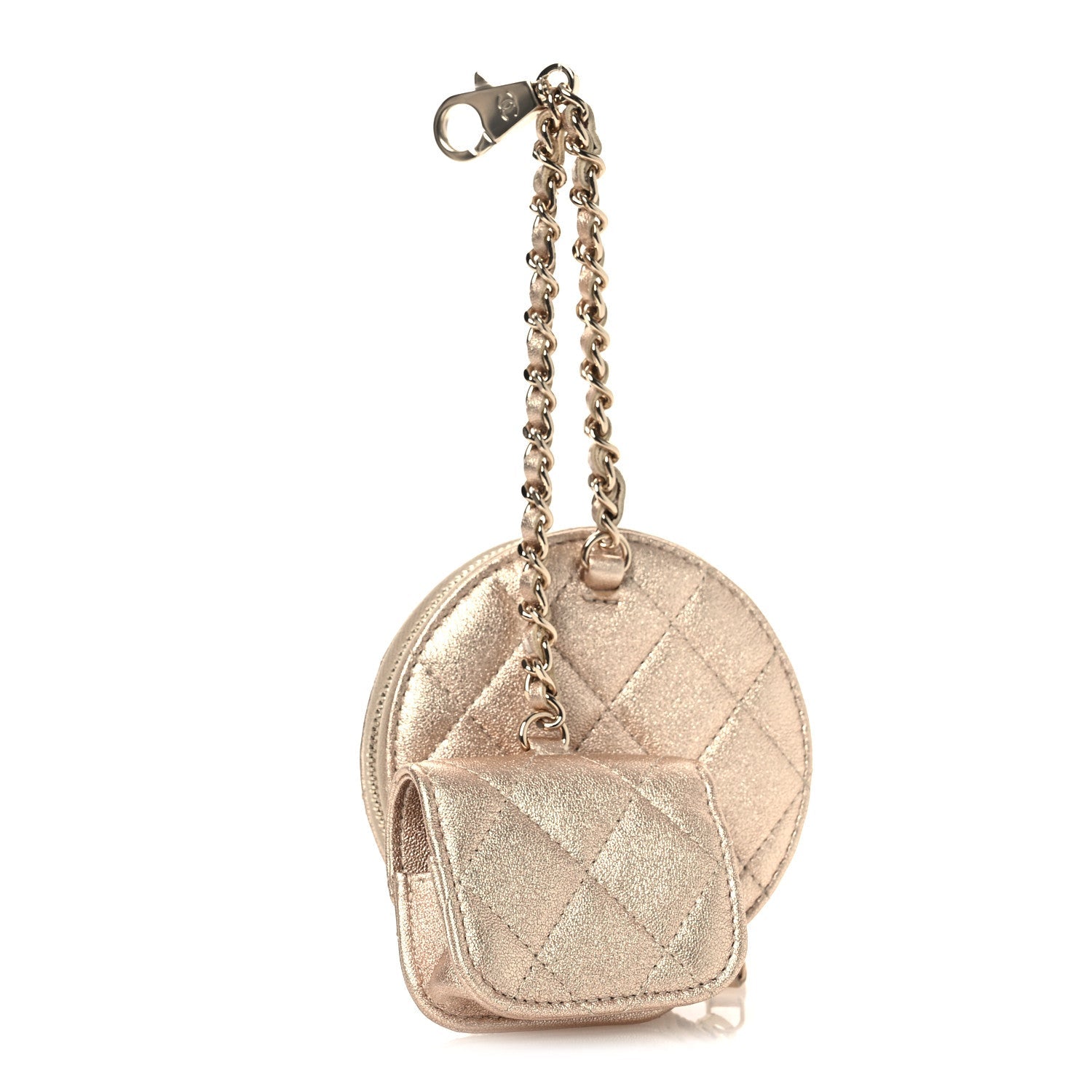 Metallic Lambskin Quilted Round Clip On Coin Purse Airpods Case Gold