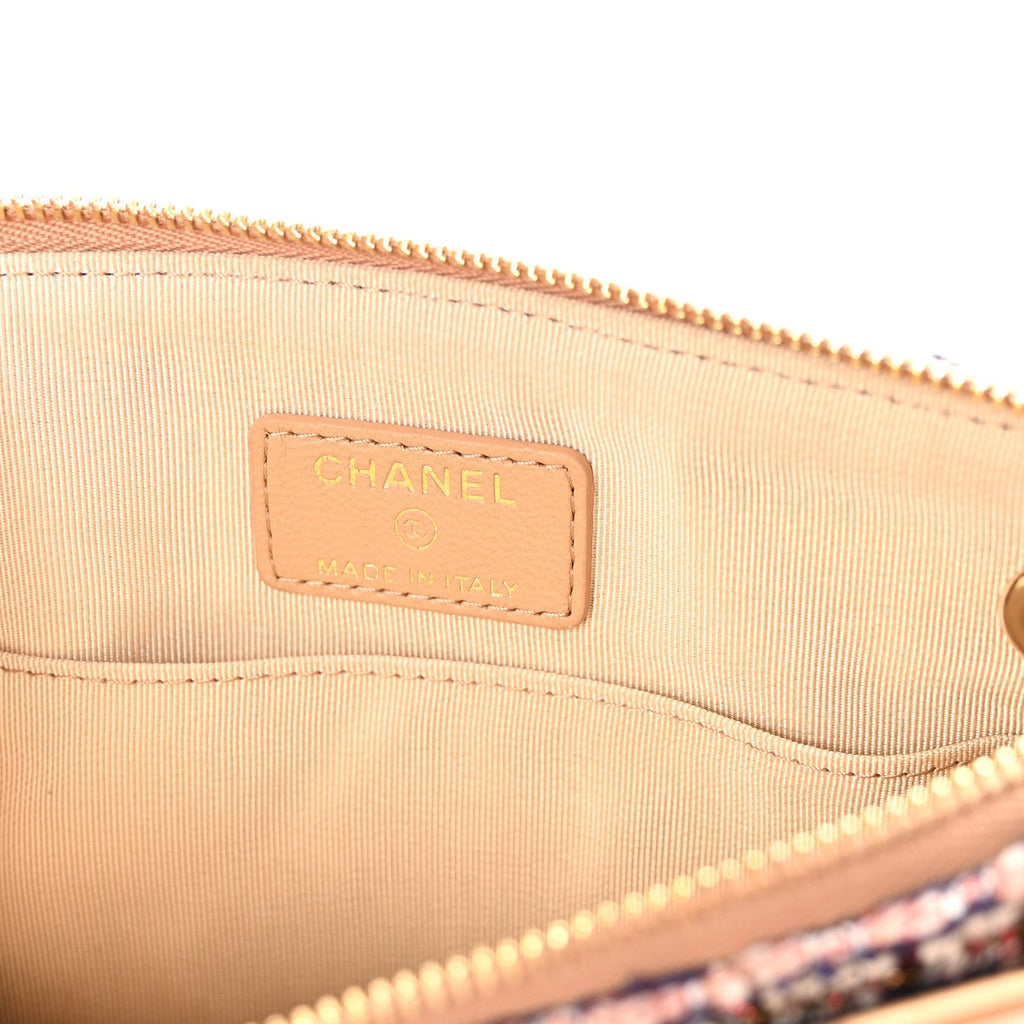 Chanel Tweed Lambskin Quilted Pouch Beige Multicolor