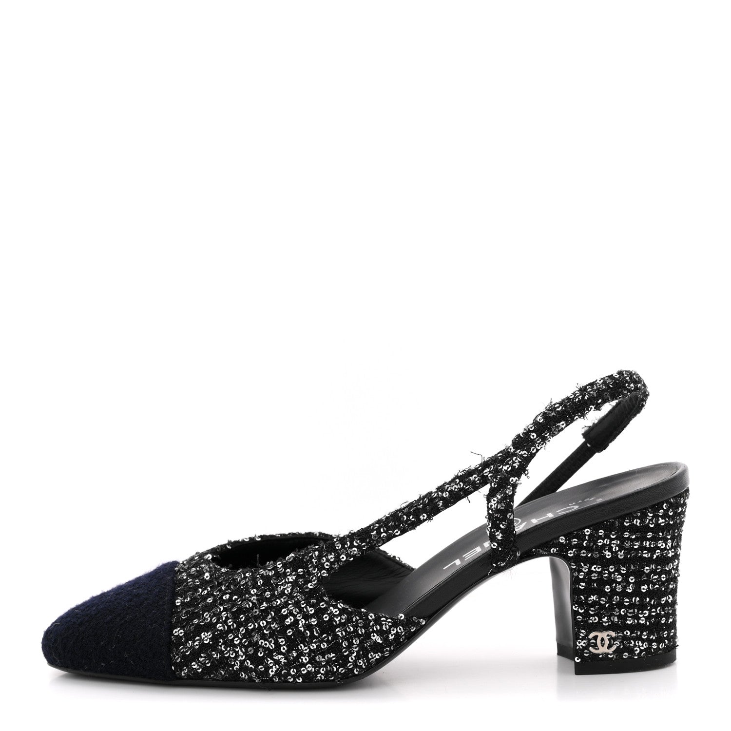 Chanel Tweed Sequin Cap Toe CC Slingback Pumps 38 Black White Silver