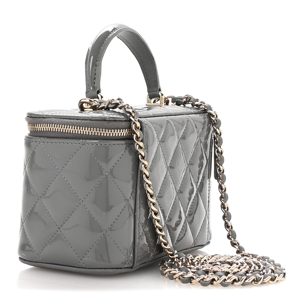 Chanel Patent Quilted Quilted Small Top Handle Vanity Case With Chain Grey