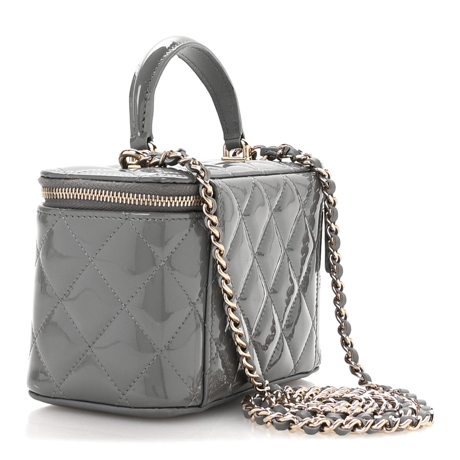 Chanel Patent Quilted Quilted Small Top Handle Vanity Case With Chain Grey