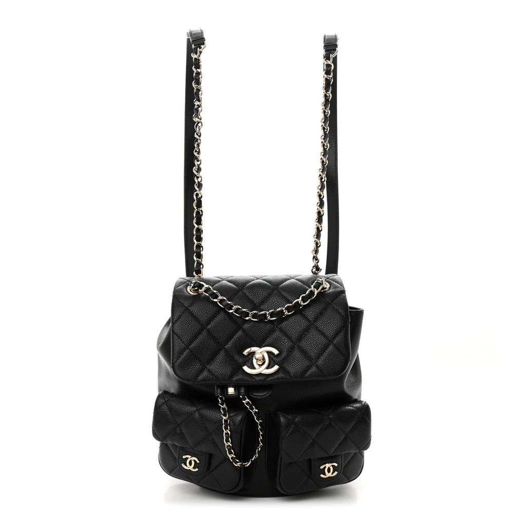 Chanel Shiny Caviar Quilted Medium Duma Pockets Drawstring Backpack Black
