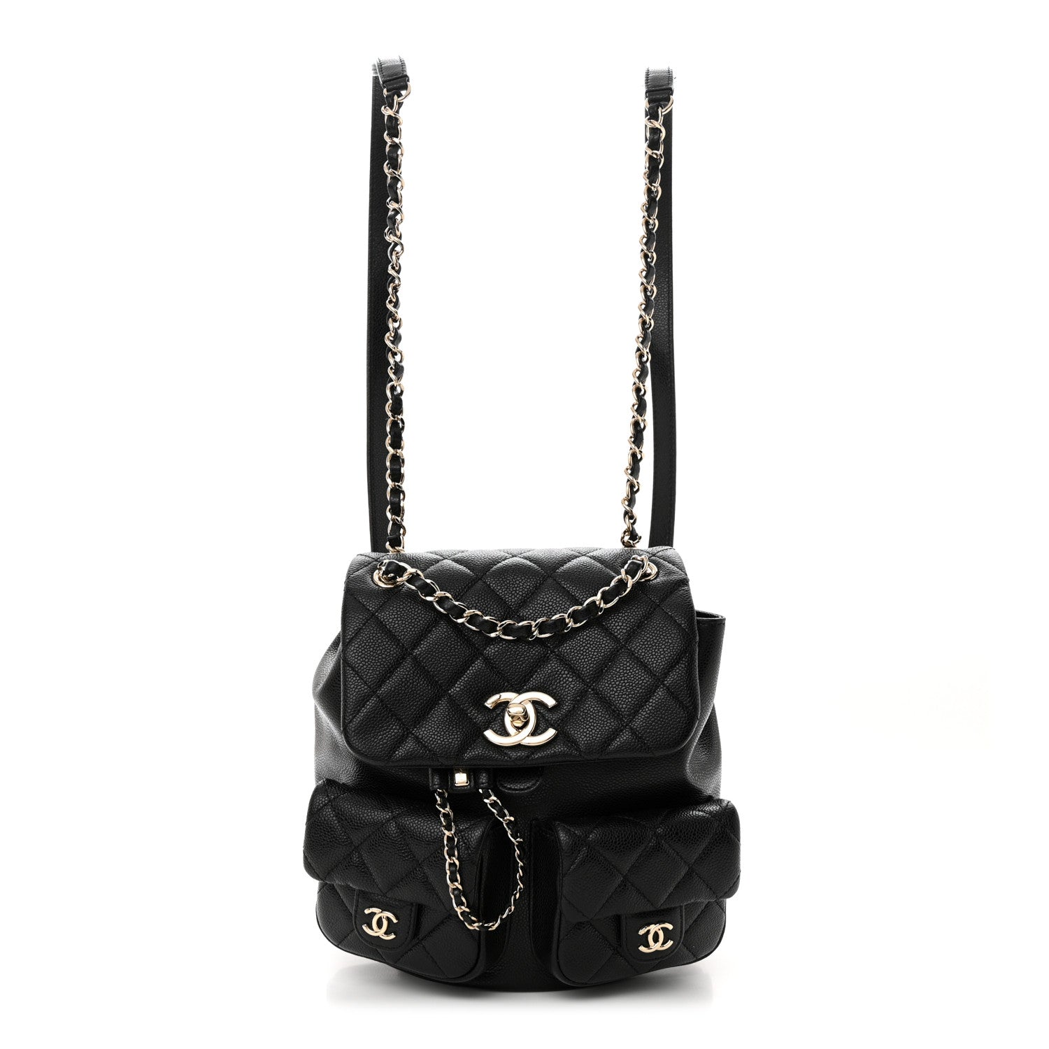 Chanel Shiny Caviar Quilted Medium Duma Pockets Drawstring Backpack Black
