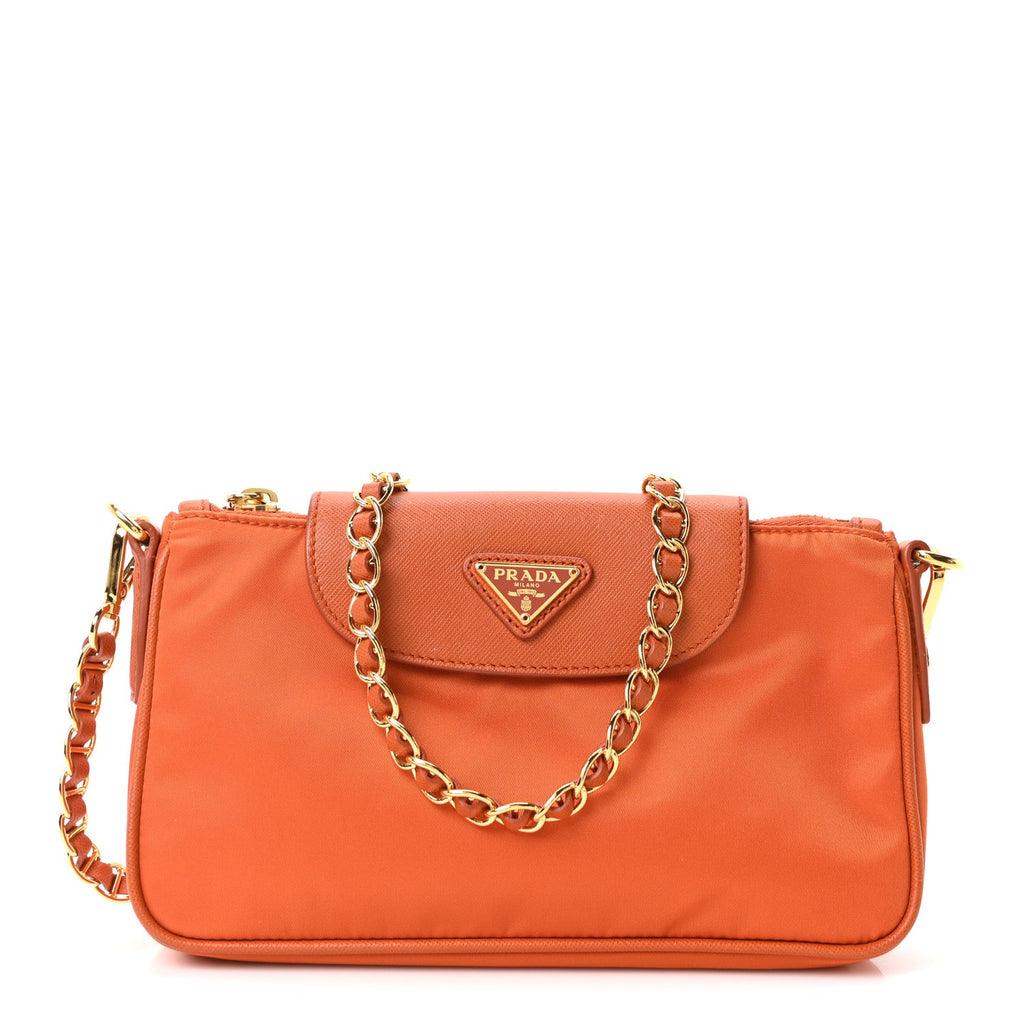 Prada Tessuto Nylon Saffiano Crossbody Bag Papaya