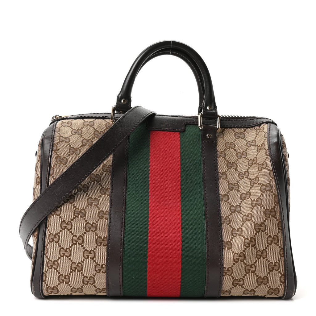 Gucci Monogram Selleria Calfskin Vintage Web Medium Boston Beige Ebony Cocoa