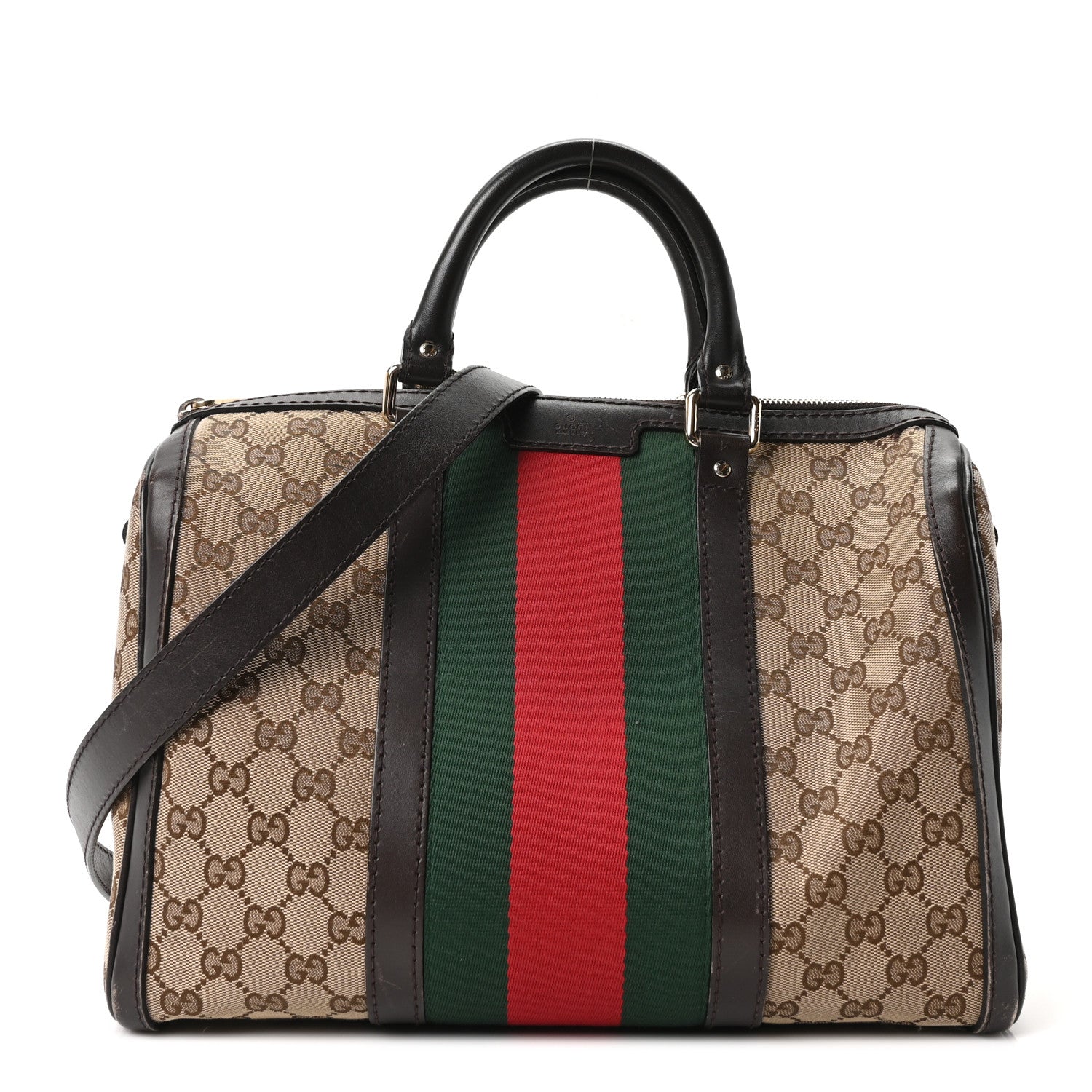 Gucci Monogram Selleria Calfskin Vintage Web Medium Boston Beige Ebony Cocoa