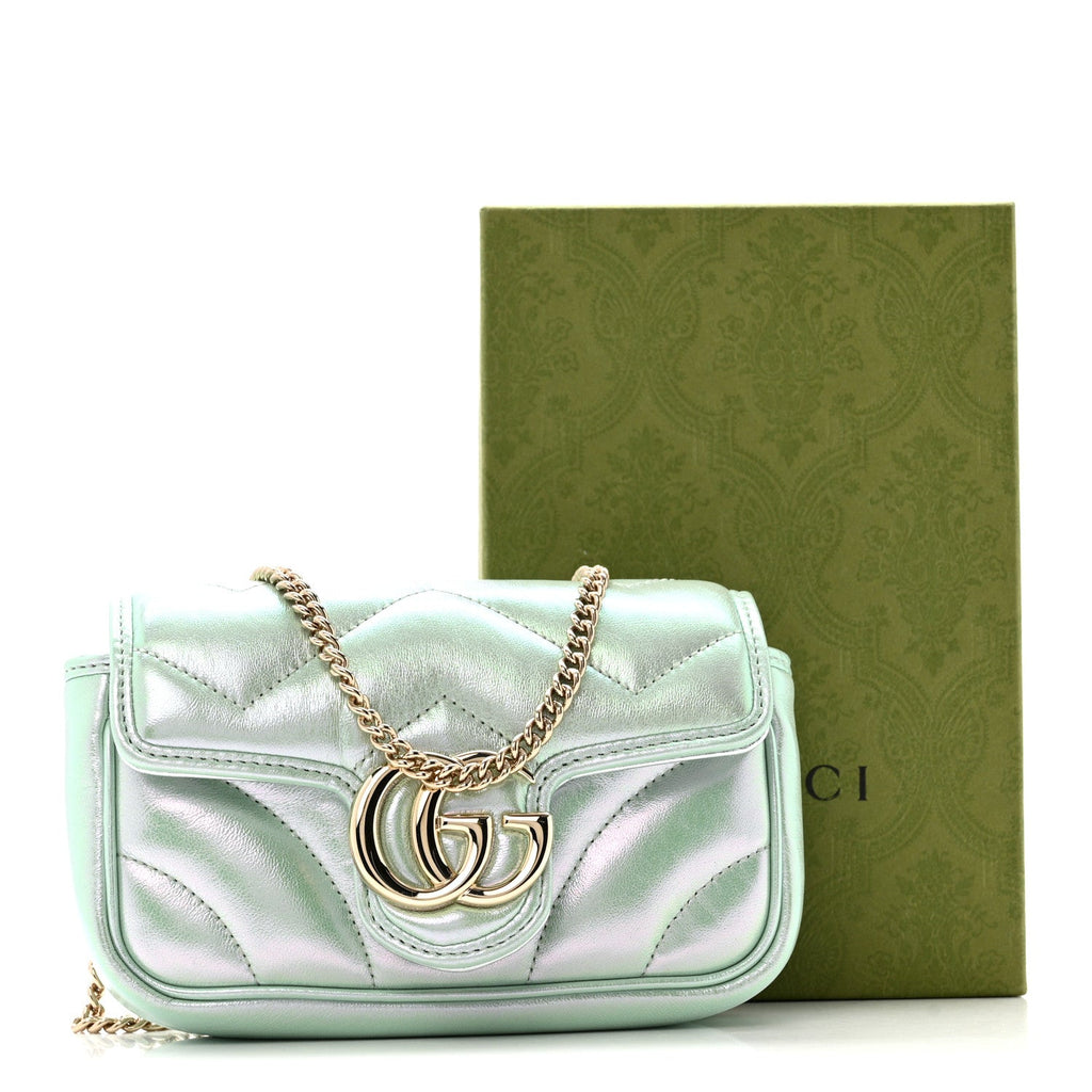 Gucci Iridescent Nappa Chevron Matelasse Super Mini GG Marmont Shoulder Bag Green Iridescent