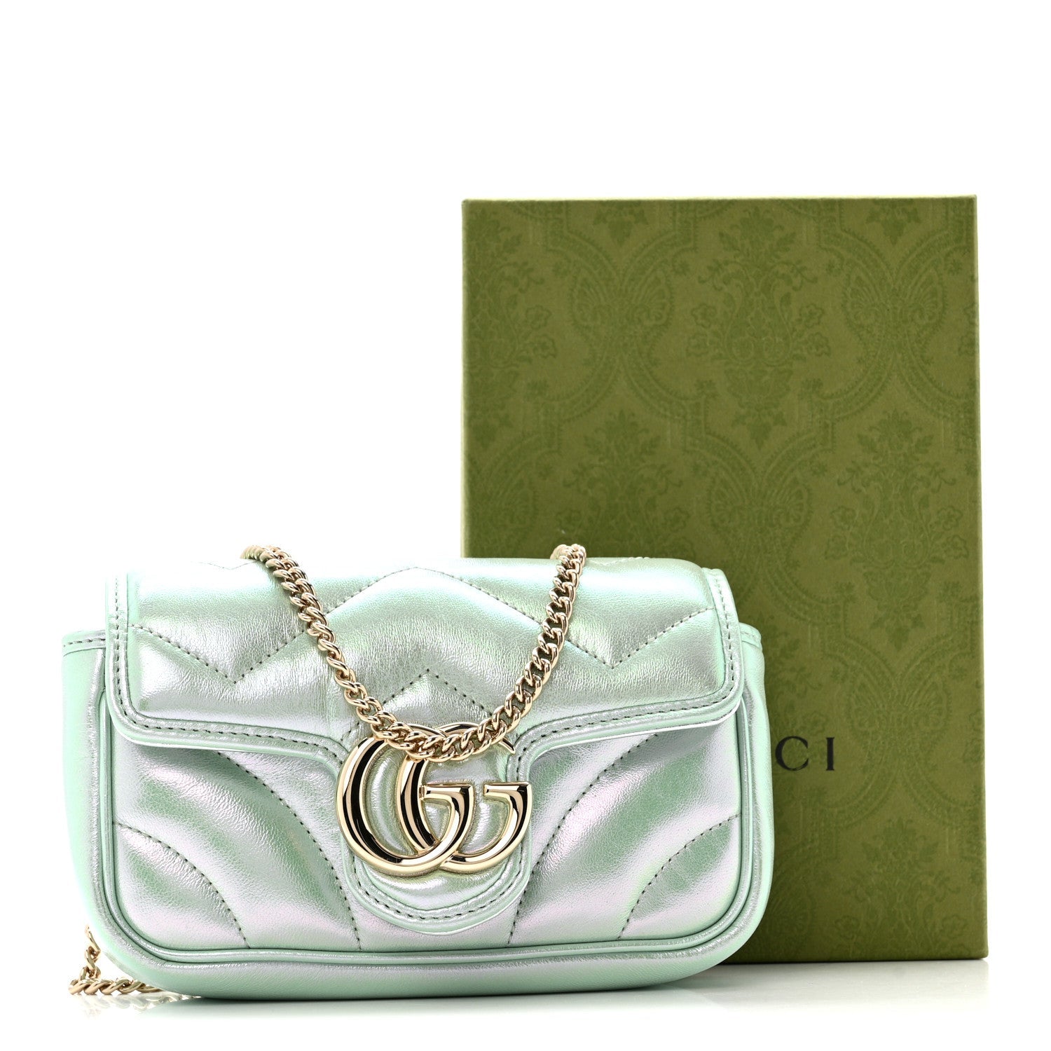 Gucci Iridescent Nappa Chevron Matelasse Super Mini GG Marmont Shoulder Bag Green Iridescent