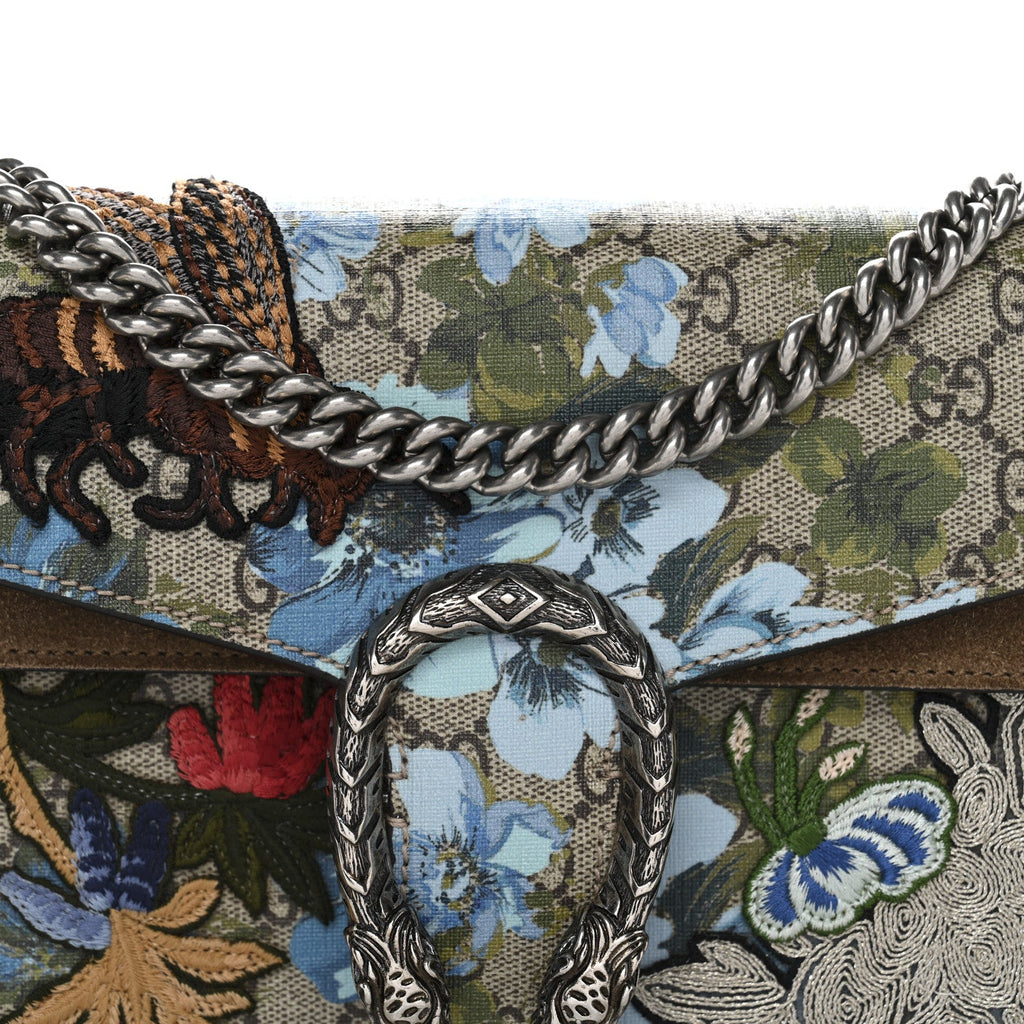Gucci GG Supreme Monogram Blooms Print Embroidered Small Dionysus Shoulder Bag Blue Taupe