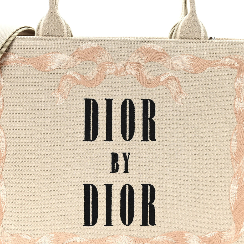 Christian Dior Canvas Embroidered Medium Book Tote With Strap Beige Pink Black