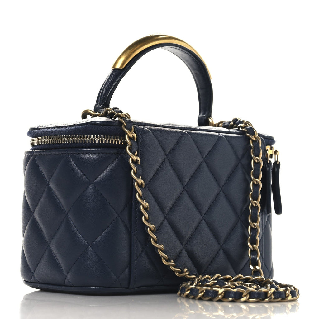 Chanel Lambskin Quilted Metal Small Top Handle Vanity Case With Chain Blue